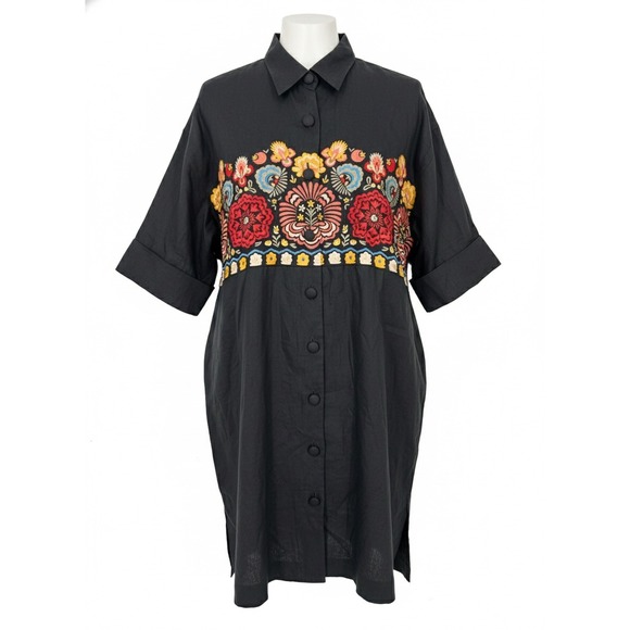 Andrea Jovine Dresses & Skirts - Andrea Jovine Black Linen Embroidered Floral Shirt Dress Tunic Size 14 - CJ